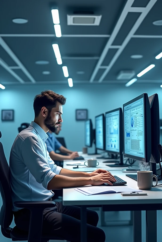 Create a man working on the computer serving people