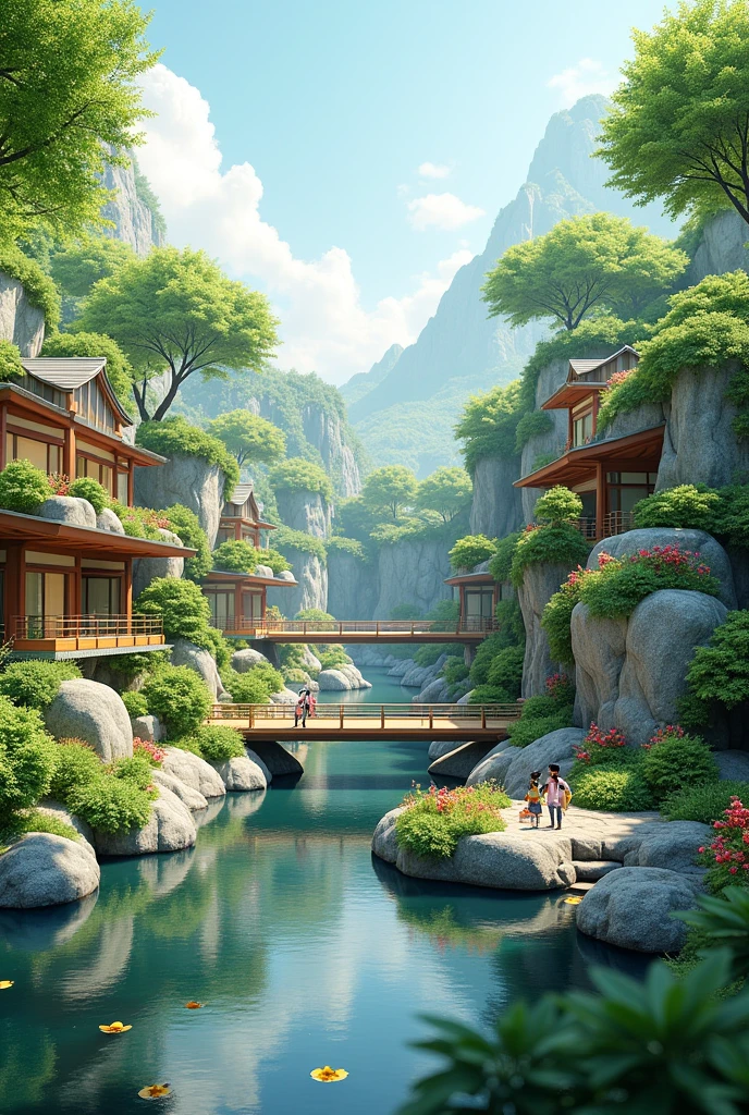 Nature and Construction Interaction:
Message: Harmony and balance between human work and the natural environment.