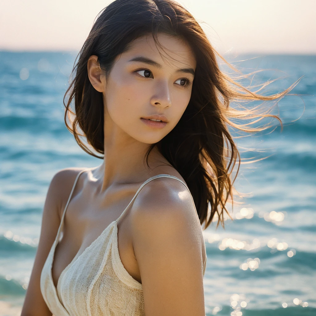 A hyper-realistic image of a single Japanese woman in her early 20s, captured with the nostalgic warmth and subtle graininess of a film camera, showing her from the shoulders up as she stands on a sunlit beach. Her skin has a warm beige tone with a natural, slightly rough texture that includes visible pores, fine lines, and subtle imperfections such as small blemishes and slight unevenness, enhancing the authenticity of her appearance. The texture is intentionally made less smooth, with the natural graininess of the film adding to the overall realism. The soft, diffused natural light gently illuminates her face and shoulders, creating a timeless, organic feel with subtle shadows that enhance the film-like quality. Her straight, glossy black hair flows naturally in the ocean breeze, framing her face, and her deep brown eyes reflect the soft sunlight and the shimmering sea. The film camera effect introduces a slight grain and a softer focus, giving the image a warm, nostalgic atmosphere while maintaining the deliberately rougher texture of her skin. The composition, focused on her upper body, captures the serene elegance of the beach setting, highlighting her natural beauty and the gentle interaction of light and shadow on her skin. The combination of realistic, slightly rough skin texture, soft natural light, and the film-like qualities ensures that this image presents a lifelike, captivating portrayal of the woman, centered on her face and shoulders.