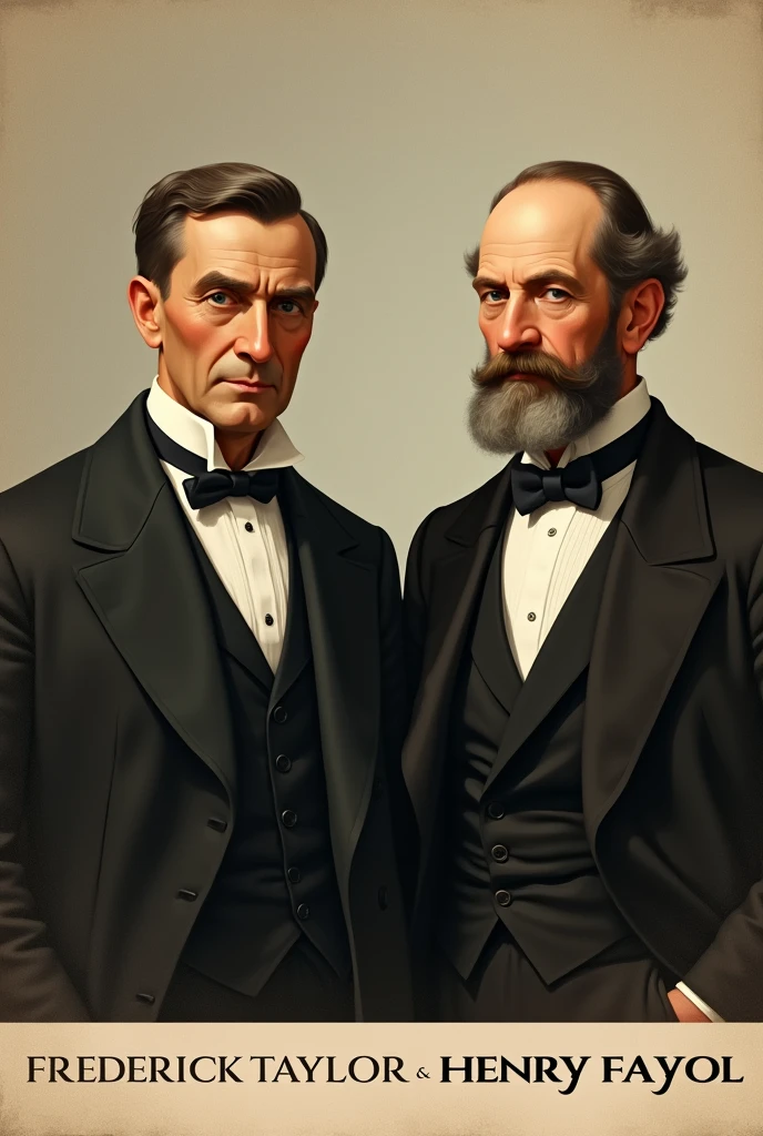 Create an image where the father of scientific management Frederick Taylor and the father of scientific management Henry Fayol are identified and the image at the bottom says by Miguel Angel Rivas , where each character is, place the respective name