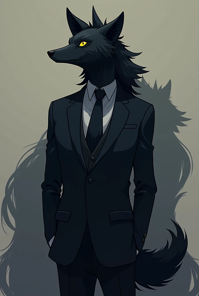 black furred wolf, yellow eyes, wearing formal suit controlling his shadow 2D anime style