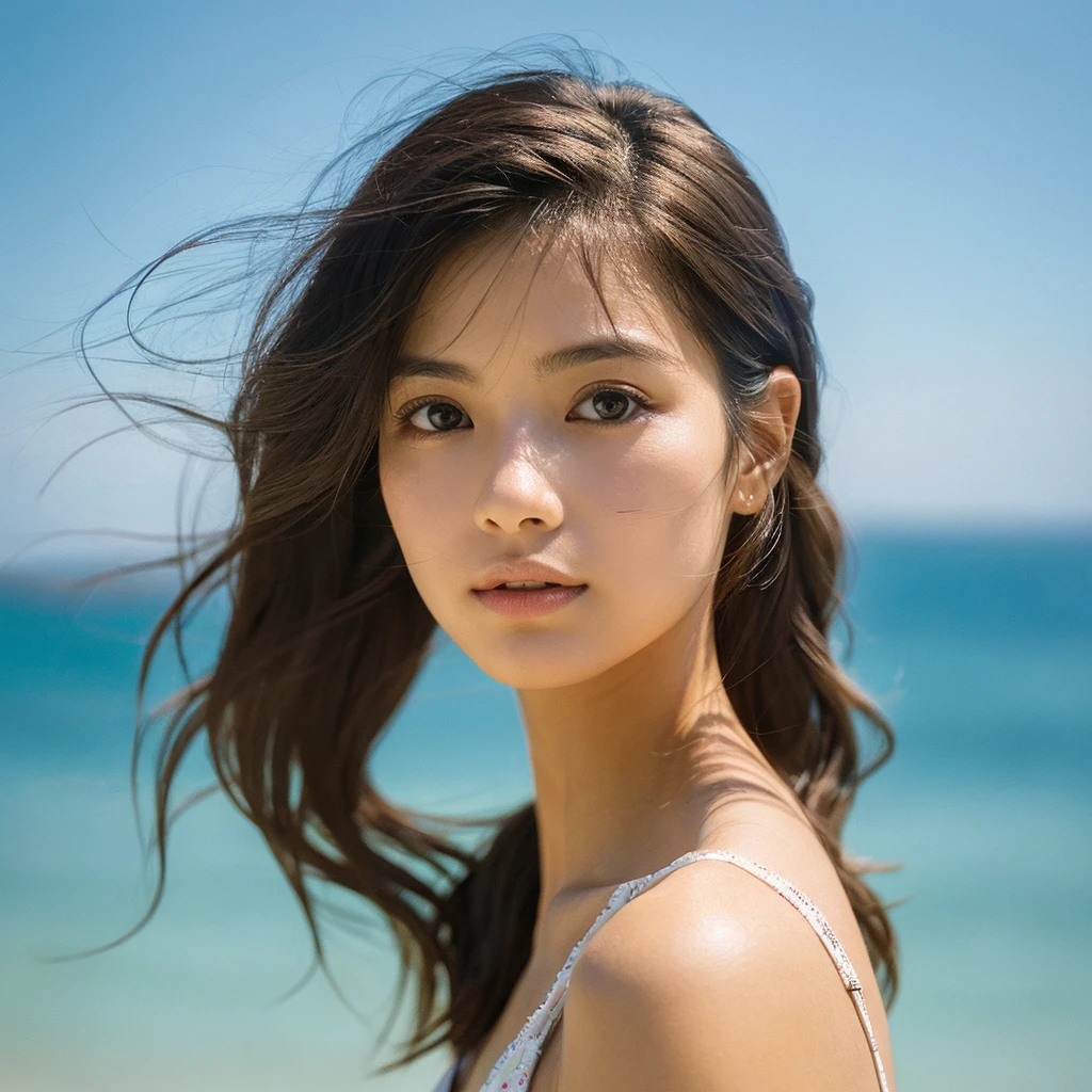 A hyper-realistic image of a single Japanese woman in her early 20s, captured with the nostalgic warmth and subtle graininess of a film camera, showing her from the shoulders up as she stands on a sunlit beach. Her skin has a warm beige tone with a natural, slightly rough texture that includes visible pores, fine lines, and subtle imperfections such as small blemishes and slight unevenness, enhancing the authenticity of her appearance. The texture is intentionally made less smooth, with the natural graininess of the film adding to the overall realism. The soft, diffused natural light gently illuminates her face and shoulders, creating a timeless, organic feel with subtle shadows that enhance the film-like quality. Her straight, glossy black hair flows naturally in the ocean breeze, framing her face, and her deep brown eyes reflect the soft sunlight and the shimmering sea. The film camera effect introduces a slight grain and a softer focus, giving the image a warm, nostalgic atmosphere while maintaining the deliberately rougher texture of her skin. The composition, focused on her upper body, captures the serene elegance of the beach setting, highlighting her natural beauty and the gentle interaction of light and shadow on her skin. The combination of realistic, slightly rough skin texture, soft natural light, and the film-like qualities ensures that this image presents a lifelike, captivating portrayal of the woman, centered on her face and shoulders.
