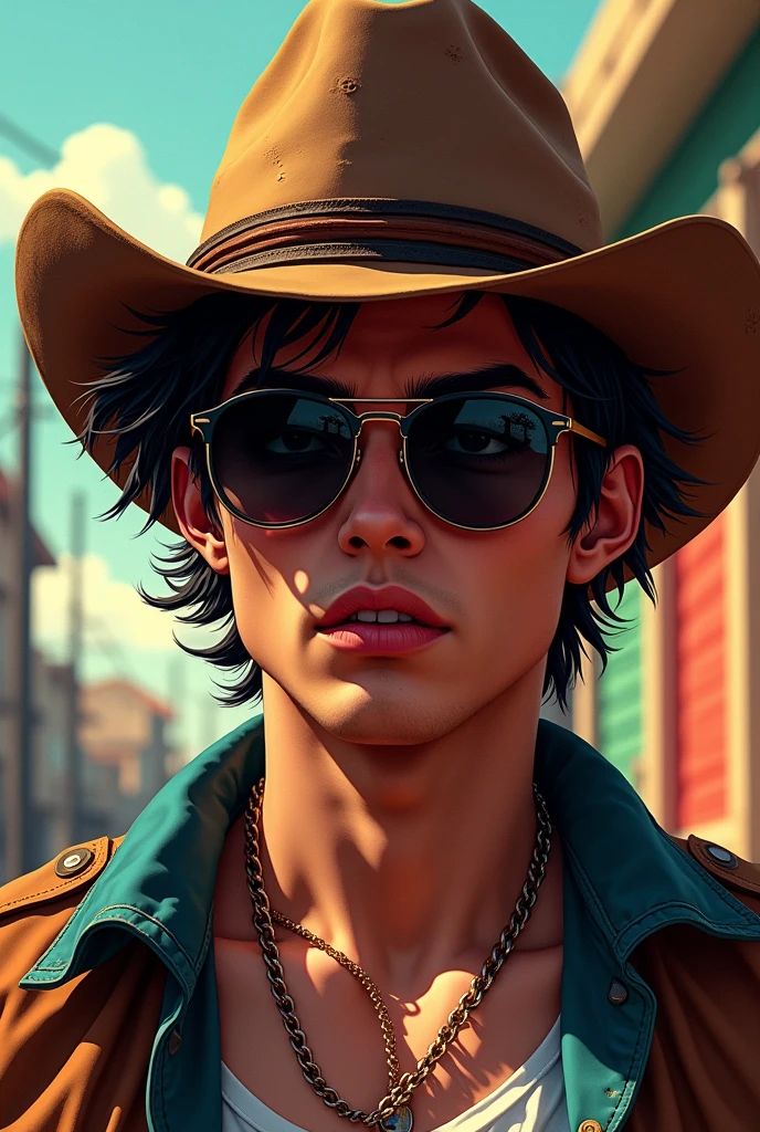 Create a sexy and handsome agroboy wearing Texas hat and a juliet sunglasses. His style mix heterotop and mc like brazilian funk singler
