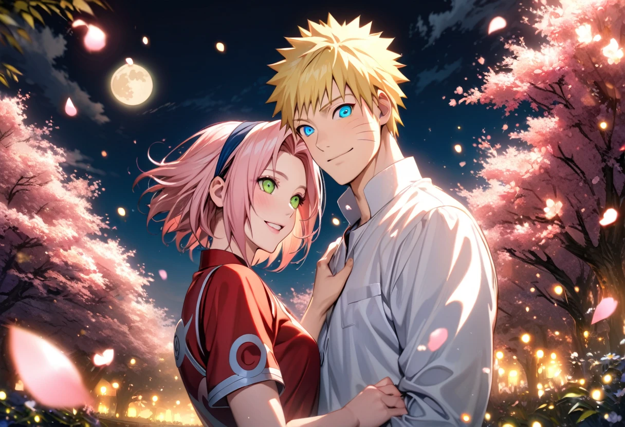 Ultra detailed, highres, absurdres, HDR, Haruno Sakura, pink short hair, green expressive eyes, red clothes, Uzumaki Naruto, blue expressive eyes, blonde hair, orange clothes, Naruto Shippuden, pink flowers, petals, fireflies, moon, a beautiful woman together with a handsome man, couple, handsome, beautiful, very detailed face and eyes, smiling