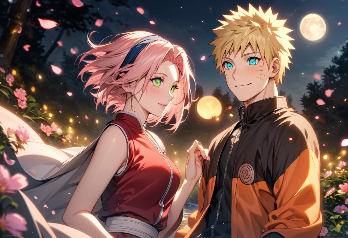 Ultra detailed, highres, absurdres, HDR, Haruno Sakura, pink short hair, green expressive eyes, red clothes, Uzumaki Naruto, blue expressive eyes, blonde hair, orange clothes, Naruto Shippuden, pink flowers, petals, fireflies, moon, a beautiful woman together with a handsome man, couple, handsome, beautiful, very detailed face and eyes, smiling