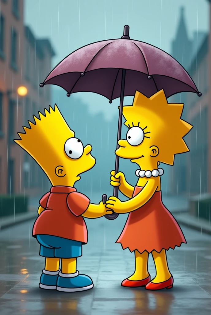 Brothers Bart and Lisa Simpson. Bart hands Lisa an umbrella with just one hand. Bart looks back as if he heard someone calling. The umbrella is tilted towards Lisa.