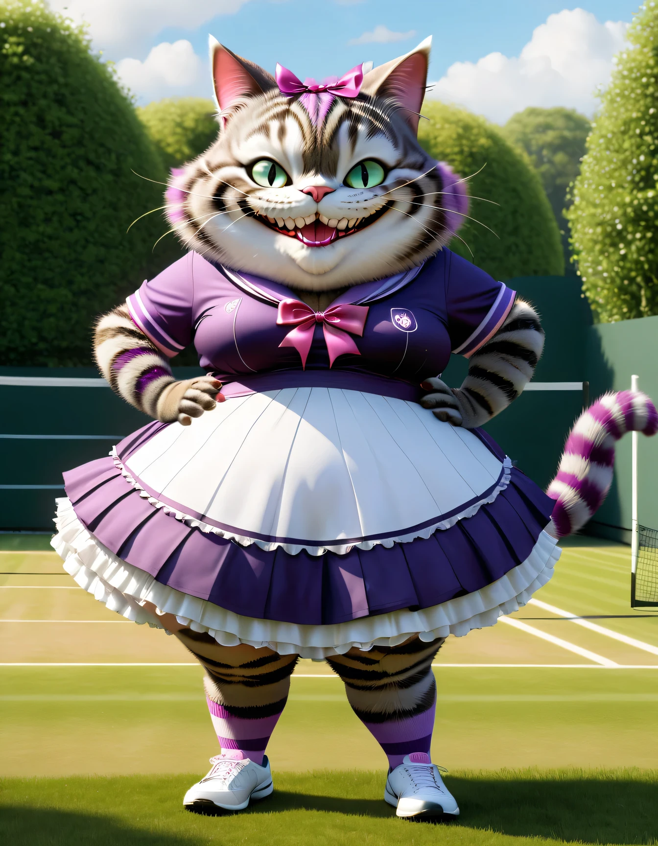 photorealistic portrait of Dressed animals - a ((fat)) (Cheshire cat) tennis player,(hands on hips:2.0),(happy smile),(elegant pose:1.5), high quality,(lovely smile:1.5) ,intricate detailed frills and ribbon, highly detailed (Gothic & Lolita tennis wear),short skirt, sox and tennis shoes,　grass tennis court background, (happy), perfect lighting,(full body image:2.0),score_9, score_8_up, score_7_up, score_6_up, score_5_up, score_4_up,(looking at viewer:1.5)
