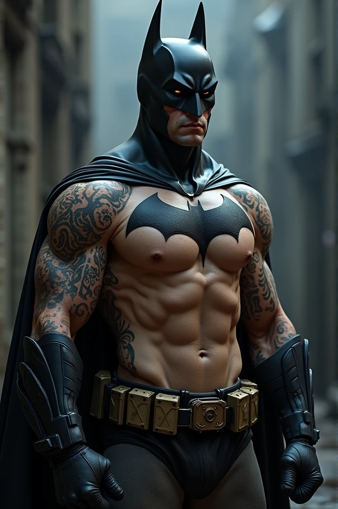 bat man shirtless, with tattoos