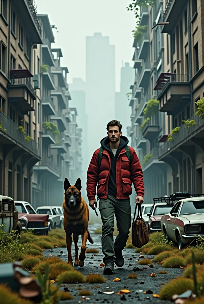 Here is a basic message based on the image.:

"Create a scene that features a man with a serious expression., Dressed in a red jacket and carrying a backpack,At his side he is accompanied by a Belgian shepherd dog. Standing in a post-apocalyptic city. The background shows high, Ruined buildings and overgrown vegetation, with abandoned, Moss covered cars lining the streets. the text &#39;day #The number 5 is prominently displayed in the upper right corner., Depicting a scenario of survival or challenge in a desolate urban environment.."