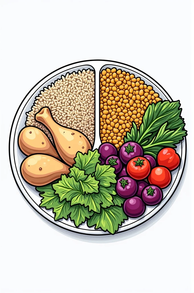 create a drawing, for coloring, of a healthy plate showing the correct division, 25% of carbohydrates - rice and potatoes. 25% of proteins - beans and chicken and 50% of vegetables and greens