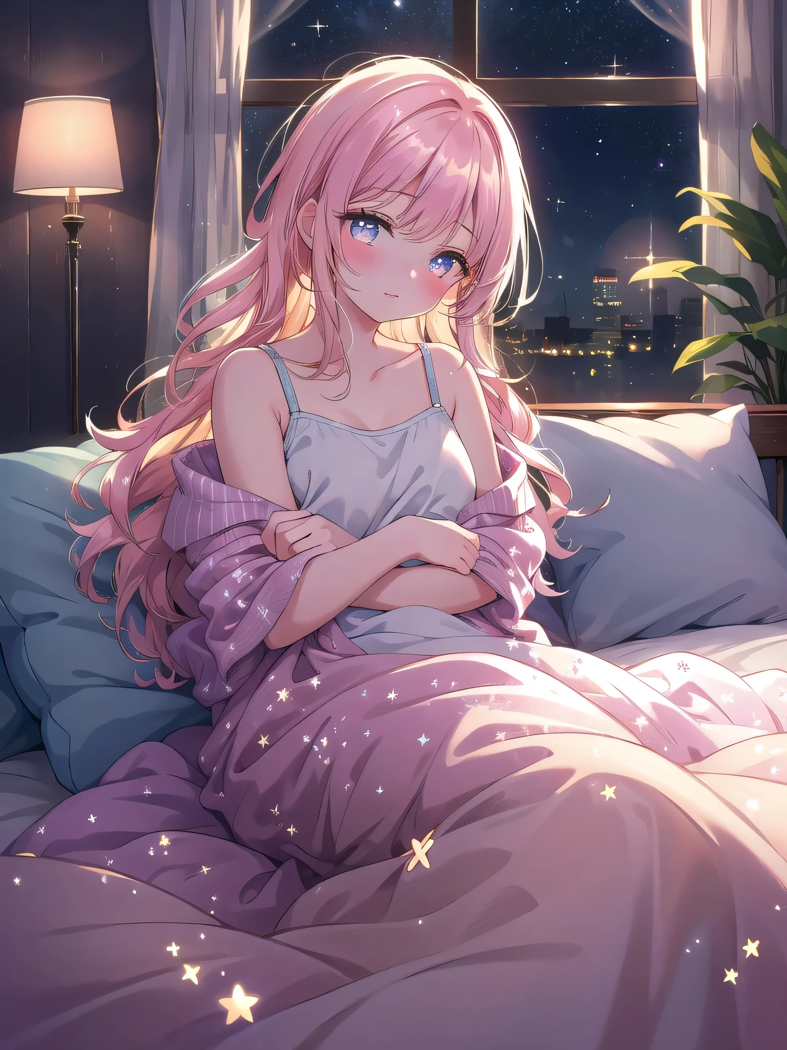 ((8k, Highest quality, masterpiece: 1.3)),Ultra-high resolution,(1 girl, alone), (Color changing eyes, Ultra-detailed, Expressive brilliance, Glitter, Glowing Eyes), Highly detailed eyes, Highly detailed face, Random Hair, ((pastel colour))Cuddling with a Pillow
The woman is lying on her stomach, her body half-buried in the thick, fluffy comforter, as she cuddles a large pillow to her chest. She’s dressed in a simple tank top and pajama shorts, her hair falling loosely over her shoulders in soft waves. The room is dimly lit by a small bedside lamp, casting a warm, golden glow that enhances the cozy, intimate feel of the scene. The window behind her shows a dark, peaceful night, with a few stars shining faintly in the sky. She gazes at the camera with a drowsy, contented expression, her cheek resting against the pillow as she hugs it close. Her eyes are half-closed, a soft smile playing on her lips, as she enjoys the comforting warmth of the bed. The room is quiet and peaceful, the perfect environment for her to unwind and drift off into a deep, restful sleep.