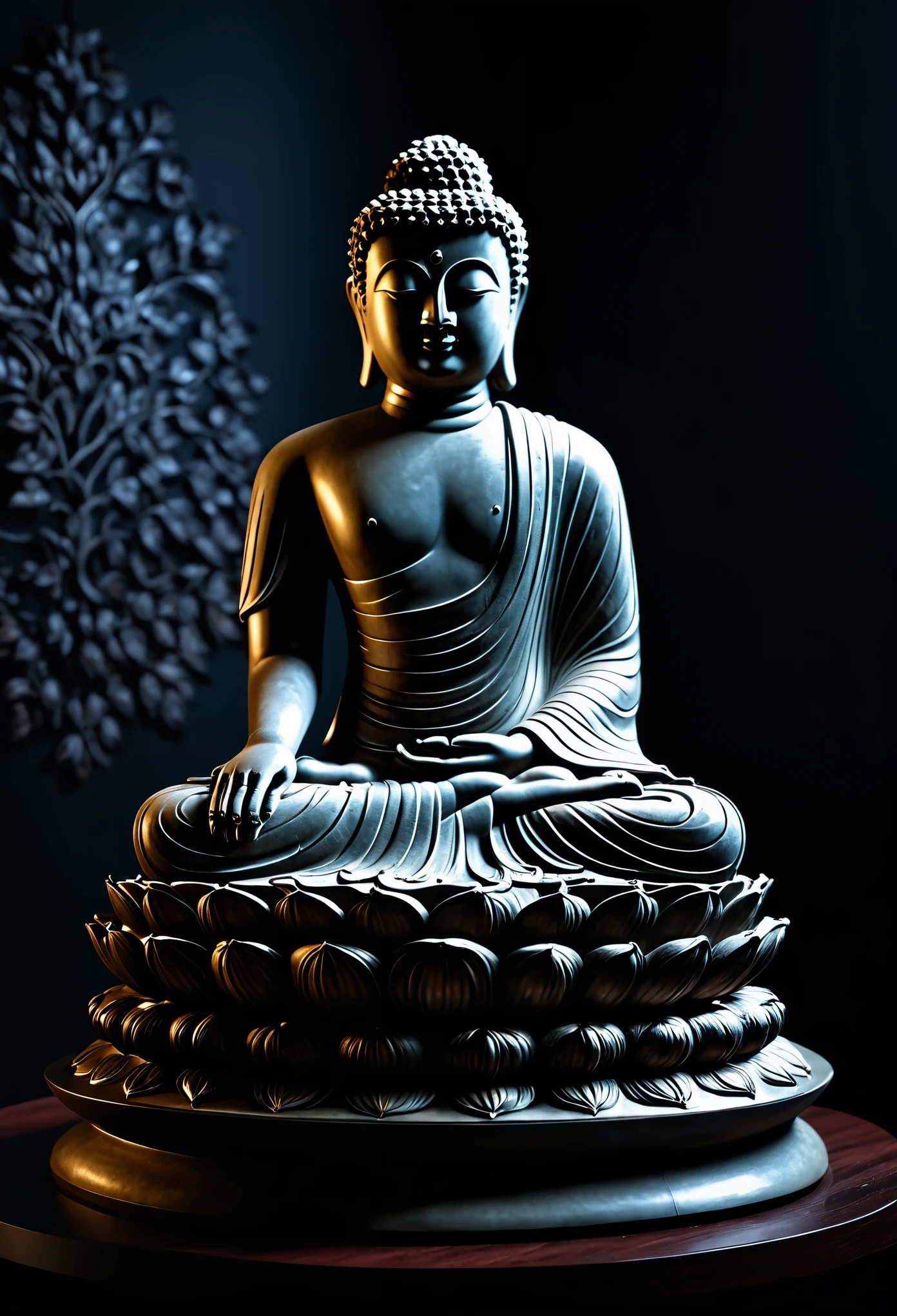 Create a 3D cinematic image of a majestic Buddha statue representing the Tathagata (Suchness) or Buddha of Great Enlightenment. The statue should be depicted in a grand and opulent setting that conveys a sense of supreme divinity and transcendence. Use a dark color palette to enhance the mystical and reverent atmosphere. The background should be rich and detailed, emphasizing the statue's monumental presence and spiritual significance. Include elements such as dramatic lighting and ethereal effects to highlight the Buddha’s exalted, transcendent nature, and create an overall impression of elevation and liberation from worldly attachments.