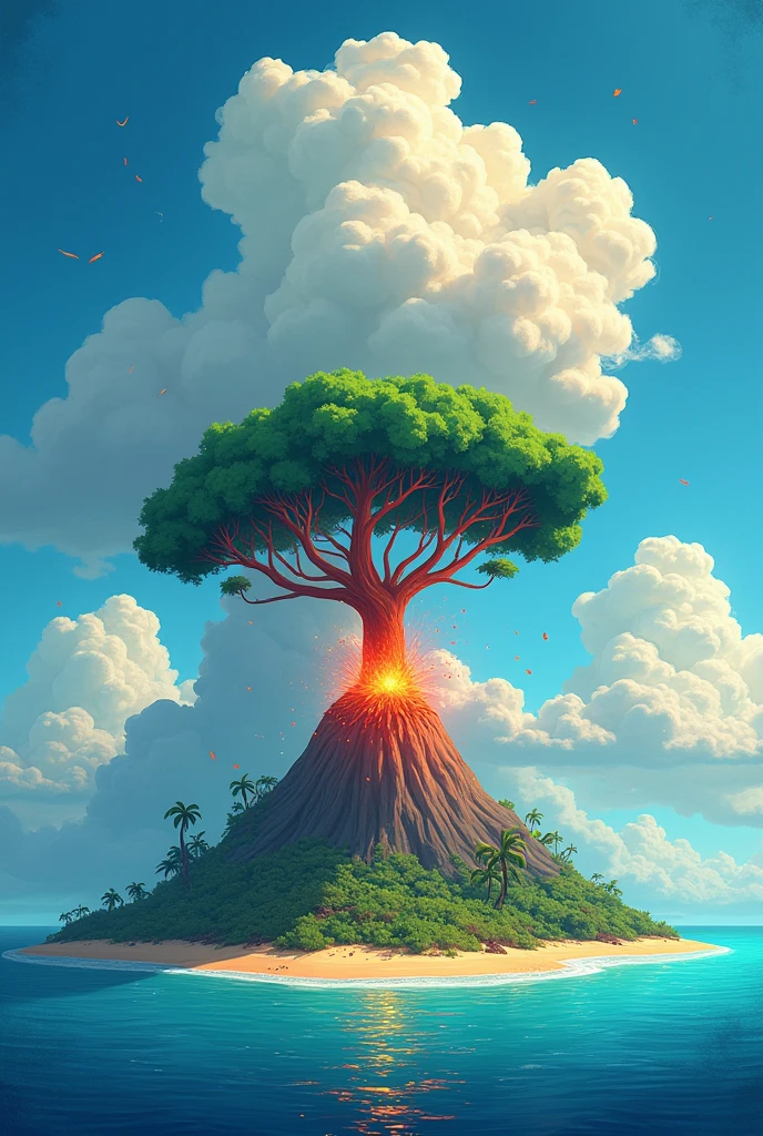 South Island、Cartoonish volcano、Cumulonimbus、Big tree、Blue sky、blue sea、world Tree