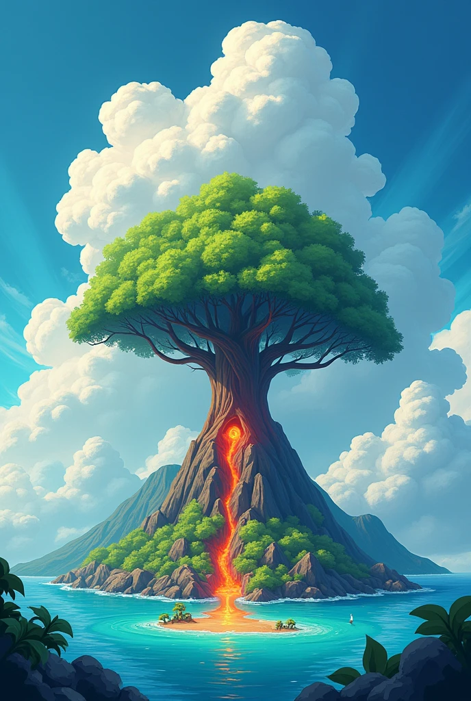 South Island、Cartoonish volcano、Cumulonimbus、Big tree、Blue sky、blue sea、world Tree