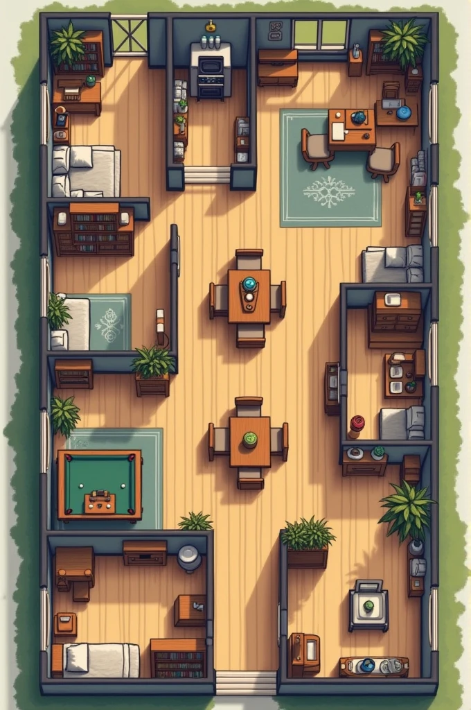 Create a 2D house plan with the game's visual style "Detective". The plan should include the following rooms, each labeled with the name in Spanish and decorated with furniture specific to the respective room:
1. **kitchen**: Add typical kitchen furniture, like a dining table, cadeiras, stove, refrigerator and kitchen cabinets. Write "kitchen" in the room.
2. **Bathroom**: Include typical bathroom items, like a toilet, a sink, a shower and a mirror. Write "Bathroom" in the room.
3. **Flower shop**: Decorate this room with flower shelves, pots and plants. Write "Flower shop" in the room.
4. **bookcase**: Add bookshelves, a reading table and comfortable chairs. Write "bookcase" in the room.
5. **square**: This room should be an open, square space., without specific furniture, just a free area. Write "square" in the room.
6. **gaming room**: Include games, like a pool table, board games and an entertainment area. Write "gaming room" in the room.
7. **Room**: Add typical bedroom furniture, like a bed, a closet and a bedside table. Write "Room" in the room.
The plan should have a clear and organized layout, with all rooms visible and well defined.
WITH DETECTIVE GAME STYLE ROOMS