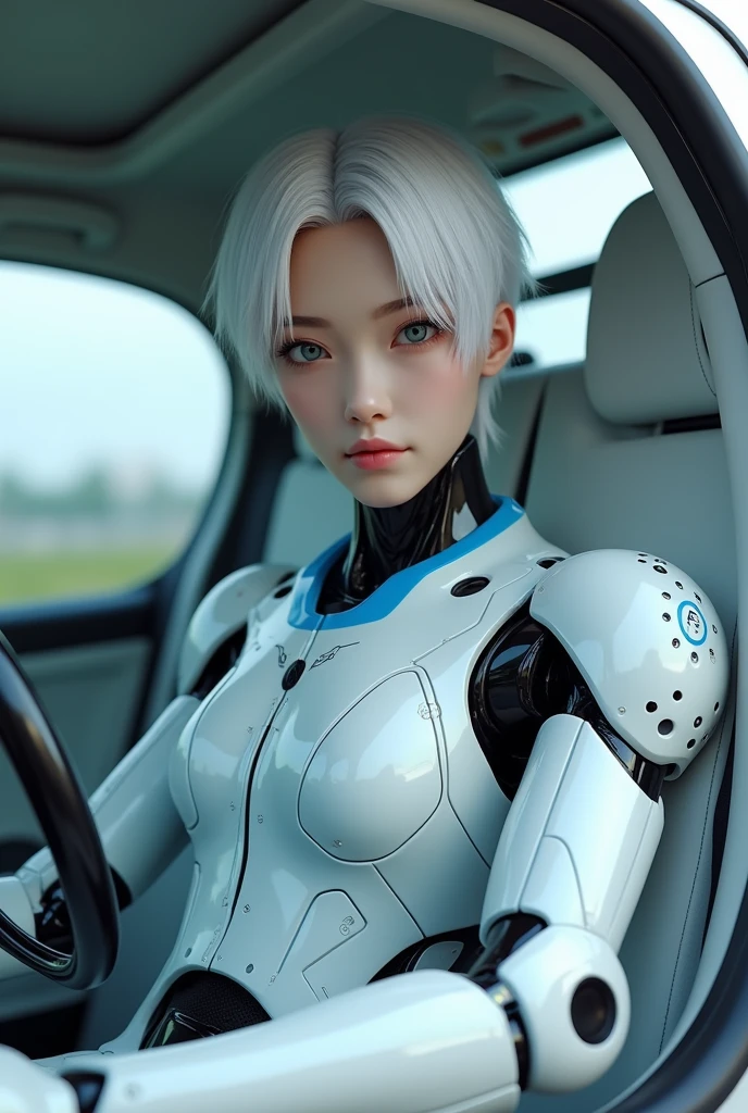  Make a cover,一个日本機械人male在坐在車內駕駛座位上並正面看向鏡頭，best quality, 1080P, masterpiece, Ultra-high resolution, Reality, 超Reality主义, Realistic skin texture, Ultimate skin detail, Digital SLR Camera, Exquisite eyes, Facing the camera, Very beautiful face, Simple facial structure, Pale skin, Realistic skin texture, Ultimate skin detail, oc render reflection texture, Realistic light and shadow, Single image, solitary, White hair, fit、balance., 2, Height 175cm, male, 拥有机械身体的male, Transparent futuristic white and blue glass mecha suit, Circuit stuck in the middle of the back., Perfect robotic arm,正面Facing the camera，Facing the camera，Half-length photo, Half-length photo