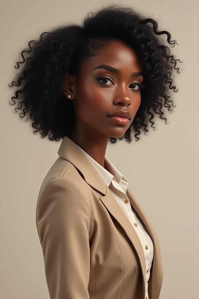 Create for me an image of a brown-skinned woman ,thin black eyes and medium black curly hair she is wearing a businesswoman outfit beige blazer and with a Boss pose profile picture
