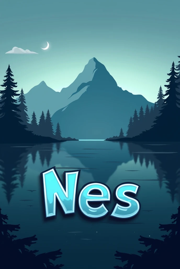 Give me a logo image for a channel that is the shadow of the Loch Ness mountain with the lake in the background and the name Nes. The name should be put in cool letters, Besides it being animated style, not realistic. Just one s, leave the rest the same