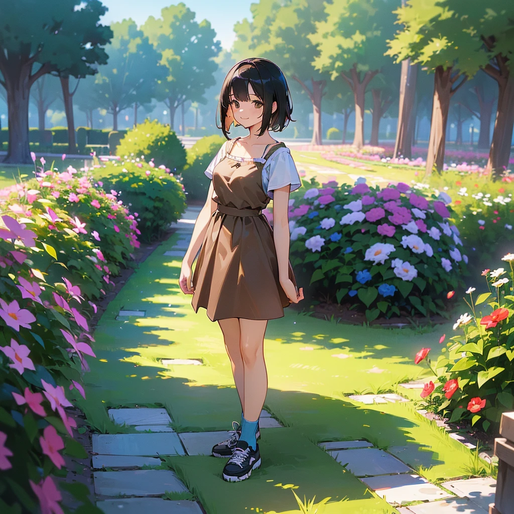 (high quality, High resolution, Very detailed, reality:1.37), Peaceful atmosphere, (Outdoor, garden), age girl standing alone, (my breasts are big.), Beautiful details, Cute Smile, (Black bob hair), camisole, Brown Skirt, Blue socks, sneakers.