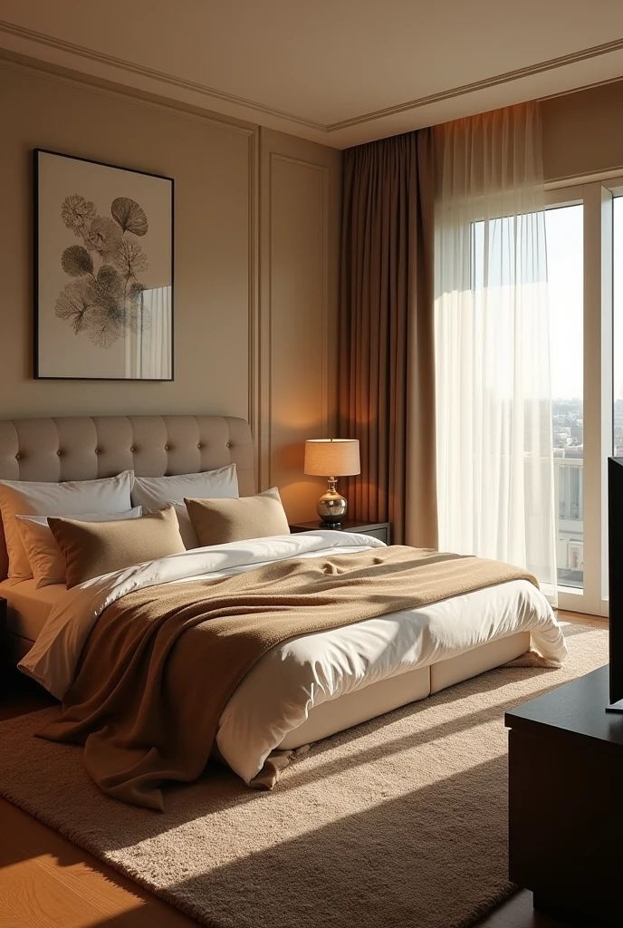 Room where you can see the bed and a TV