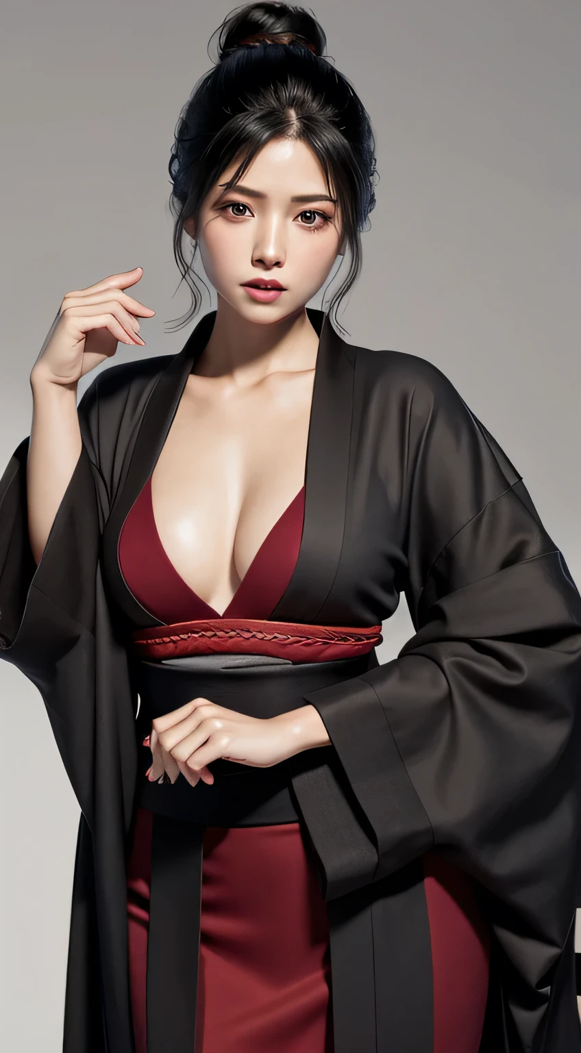 photorealistic, high resolution, 1women, mature female, solo, hips up, black hair, emma \(sekiro\), japanese clothes, kimono, single hair bun, haori, mature female
