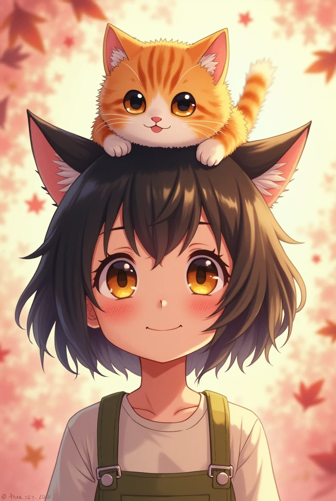 an anime character with a cat on his head 