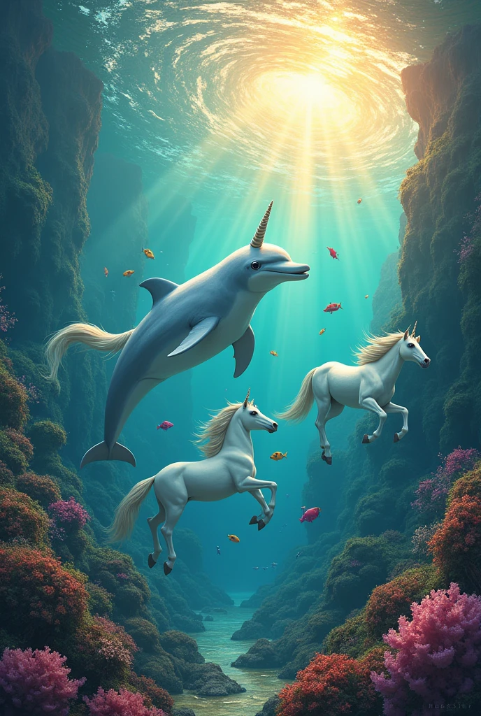 A dolphin swimming with fish in the sea and next to unicorns at sunset, that the image is very colorful 
