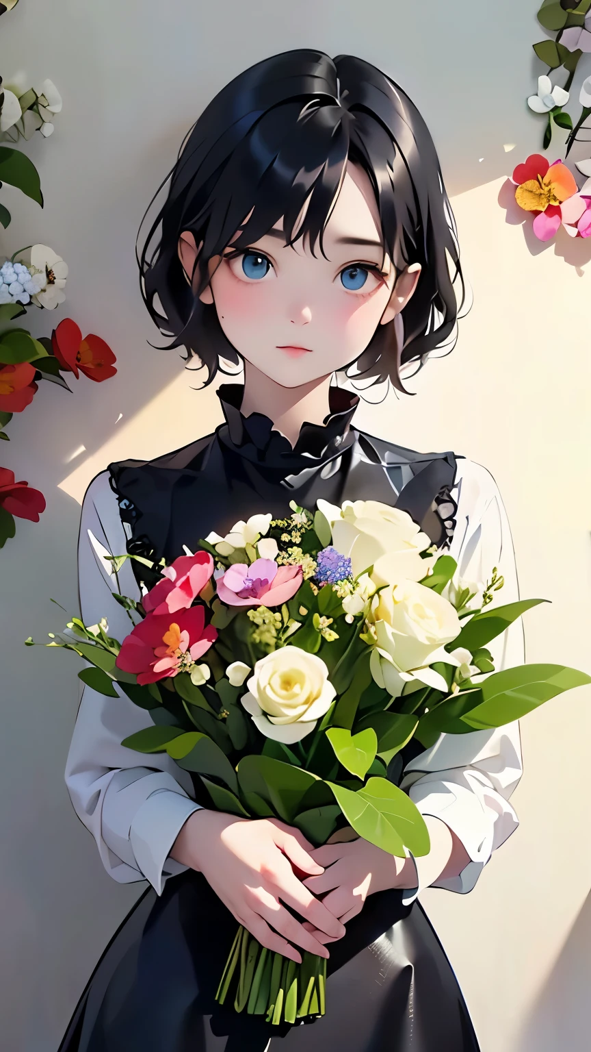 Beautiful woman、flower arrangement、Wabi-sabi art、Very detailed_face_eye、Very detailedface、Black Dress、white、gray、red、parchment、抽象的flower arrangement、Three big flowers、Surrealist art、silence、wallpaper、Highest quality、masterpiece、High resolution、８ｋ