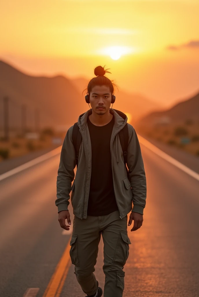 (photorealism:1.2), (HDR focus), warm color, a handsome asian man(man bun hairstyle) walking on an empty dusty highway looking at the camera, backpack, wearing a tight hooded jacket, black t-shirt and cargo pants, headphone, full body, the sun rises from the gaps in the hills