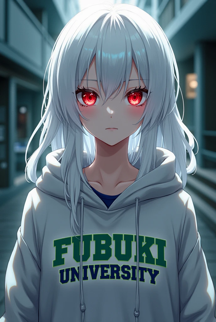 A woman sporting white hair . Her irises are of an Scarlet Red hue. She wears a gray university hoodie, saying "Fubuki University" in green and blue. She wears black female gym shorts. Her breasts ae 38G-cup and her Buttocks is 106 centimeters in circumference.