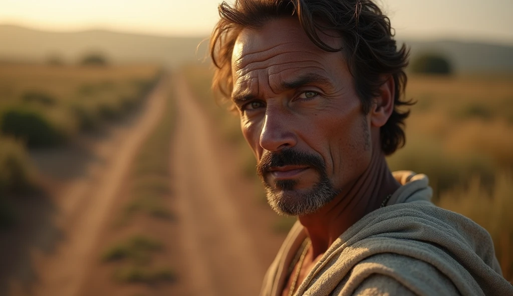 “Close-up of the philosopher, his face resolute as he stands at a crossroads. The background subtly depicts two paths: one leading toward chaos and the other toward peace. His expression is calm but firm, symbolizing his decision to protect his inner peace. The tunic gently reveals his shoulder, his tanned skin glowing under the warm light, emphasizing his dedication to growth and well-being. The atmosphere is balanced between light and shadow, representing the inner conflict of letting go of toxic relationships. Shot with a Canon EOS R5, using a Sigma 50mm f/1.4 DG HSM Art Lens, rendered in 8K, photorealistic style with cinematic lighting, and an Octane render for hyper-realistic detail.