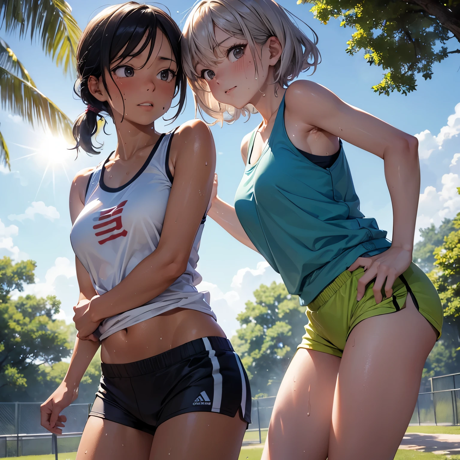 Tow 2 beautiful women has just finished running in a park on a sunny summer morning, wearing short-sleeved sportswear and shorts. She is sweating, the sweat running down her cheeks and neck, (((sweat on her skin))) shining in the sunlight, she wipes the sweat off with a towel, a refreshing image, a shojo manga-style illustration touch,