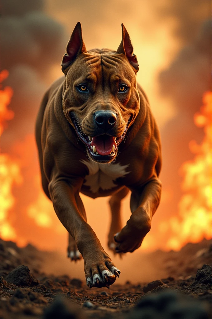 Muscular brown pitbull running over fire