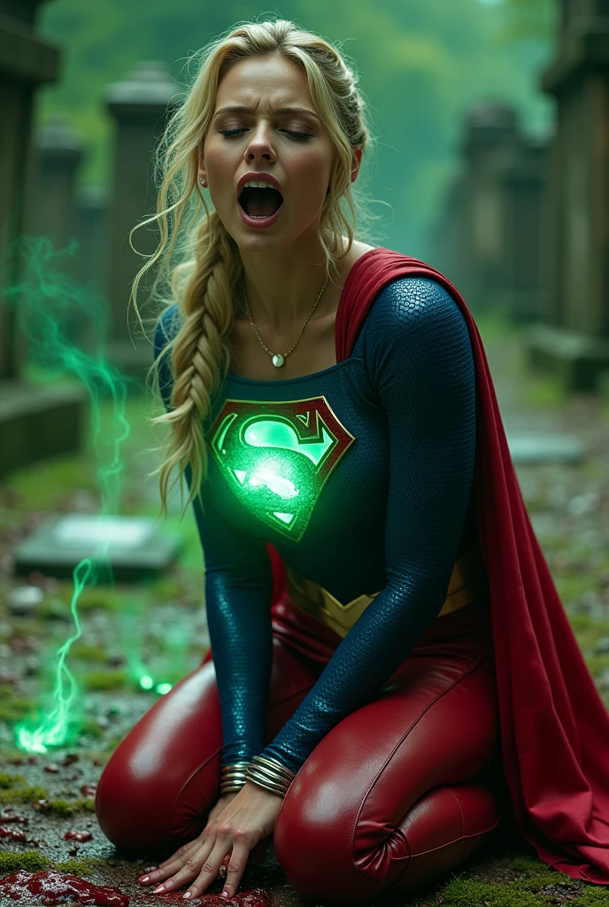 (((De primerísimo primer plano una hermosa mujer de rodillas yelling))),(((Long blonde hair tied up in a braided ponytail))),(((Superman logo on forehead)))Charlize Theron under the mantle of the Kryptonian Kara zor-El alias Supergirl))),(((On knees gritando de dolor))),(((Blue leather suit with tiny scales on the suit))),(((Red skirt Supergirl emblem on her costume))),(((Silver metal bracelets on their wrists))),(((Long red boots up to her knees))),(((On knees (((yelling))) mortally wounded (((Blood on his chest))),(((Green flourescent kryptonite on the wound))),(((Blood around skulls in cemetery))),(((Green flourescent magic running through all the veins of his body))),(((yelling de dolor))),(((Green flourescent magic around his entire body))),(((hair dragging on the floor))),(((Diaema Superman logo on his forehead)))