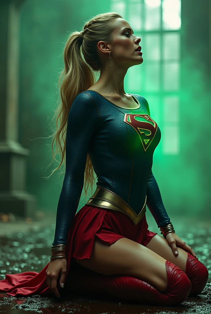(((In extreme close-up a beautiful woman with long blonde hair Charlize Theron under the cloak of the Kryptonian Kara Zor-El alias Supergirl (((Blue leather suit with tiny scales on the suit))),(((Red skirt Supergirl emblem on her costume))),(((Silver metal bracelets on their wrists))),(((Long red boots up to her knees))),(((On knees (((yelling))) mortally wounded (((Blood on his chest))),(((Green flourescent kryptonite on the wound))),(((Blood around skulls in cemetery))),(((green flourescent magic around his entire body)))