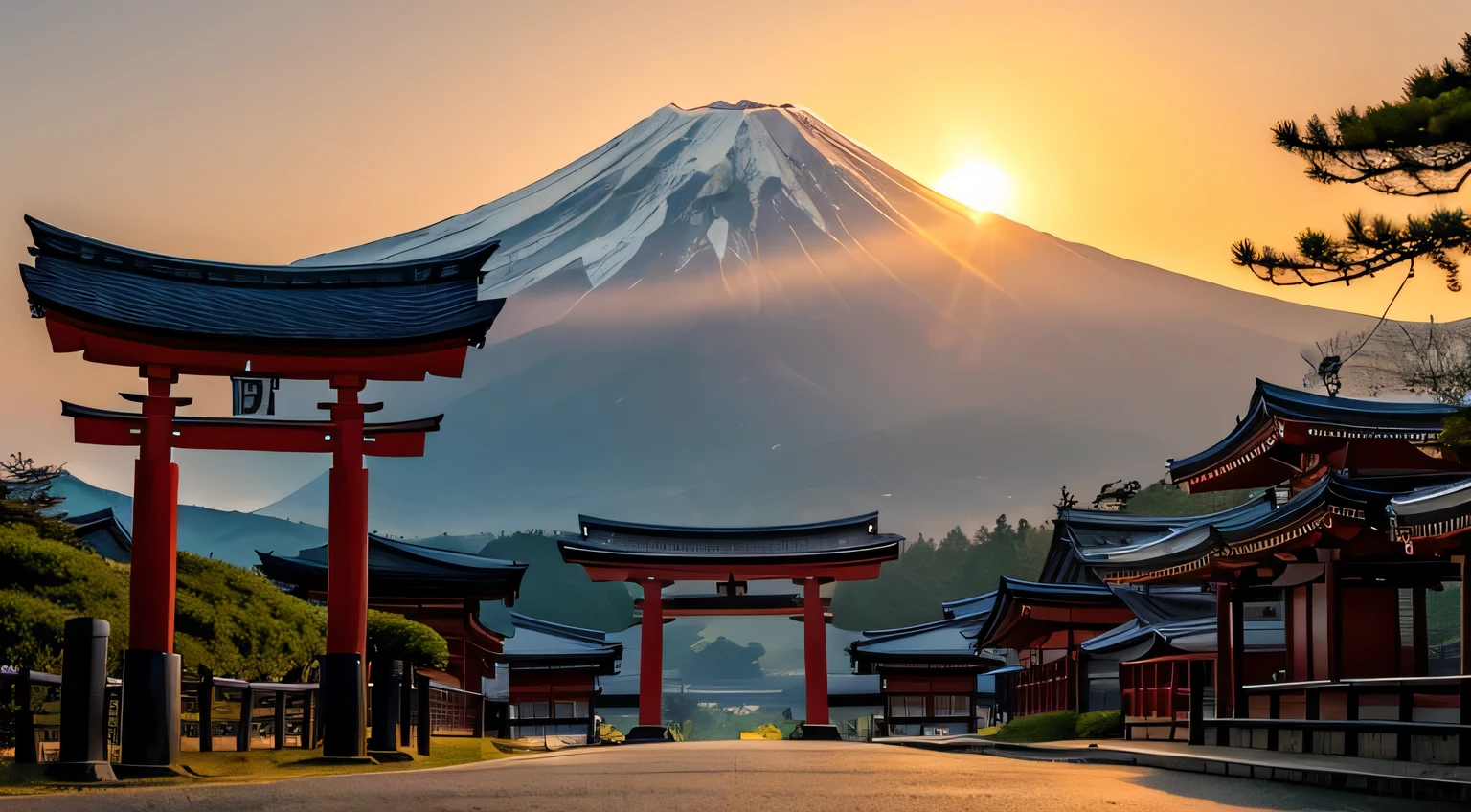 Shrine torii gate in front、Mount Fuji can be seen in the background、The sun rises behind Mount Fuji