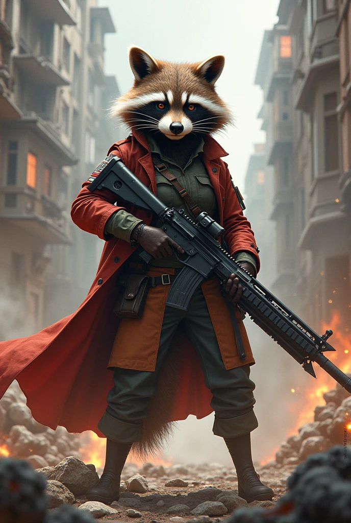 A female raccoon wearing a female military uniform in a war zone holding a powerful weapon with a victorious red color aura