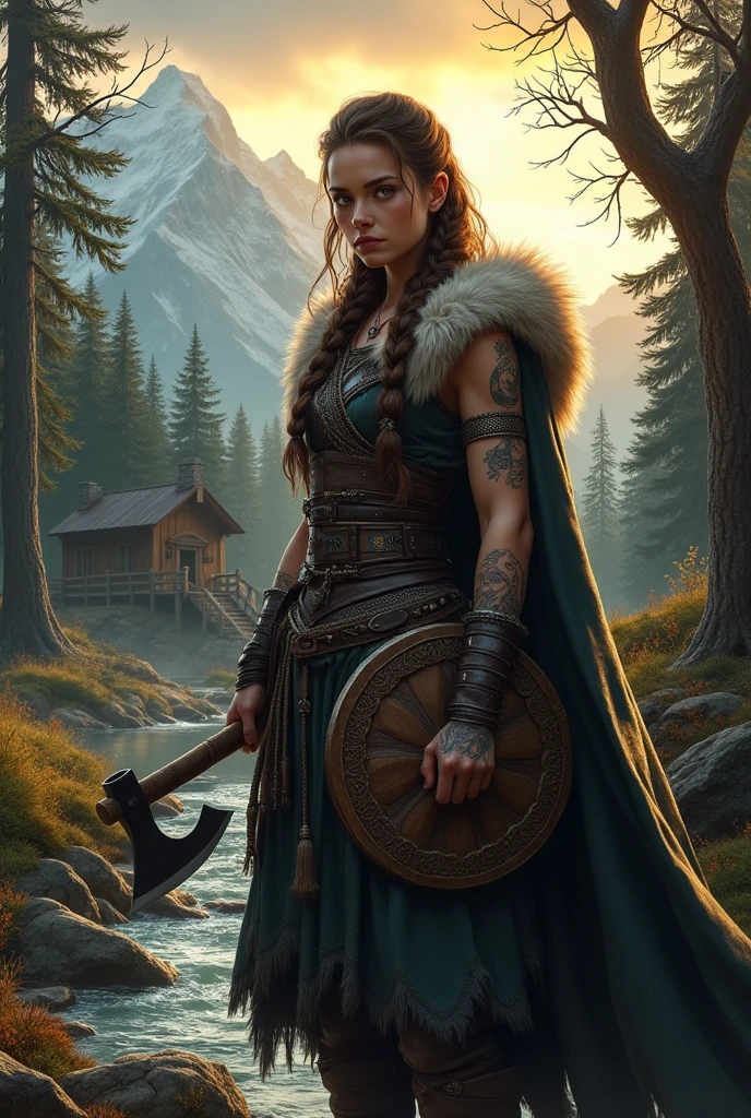 (viking girl in the forest),(20 years old),(detailed axe in hand),(ultra-detailed,high-resolution image,1.2 masterpiece),(realistic:1.37),(dark, moody)(vibrant colors),(mysterious lighting),(scandinavian landscape),(beautiful detailed eyes),(long braided hair),(fur-lined clothing),(confident and fierce expression),(strong and muscular physique),(tattoos on arm),(fallen leaves on the ground),(ancient ruins in the background),(thick fog),(majestic trees),(rustic wooden cabin),(golden sunset),(powerful stance),(heraldic shield),(battle scars),(wildflowers in her hair),(pristine snow-covered mountains),(intense focus),(stormy sky),(exquisite wood carvings),(rugged and weathered textures),(rippling water in a nearby river),(whispers of forgotten legends),(mythical creatures hidden in the shadows),(norse mythology inspiration)