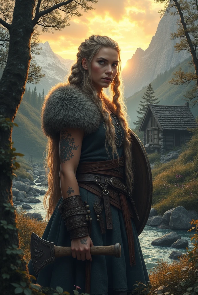 (viking girl in the forest),(20 years old),(detailed axe in hand),(ultra-detailed,high-resolution image,1.2 masterpiece),(realistic:1.37),(dark, moody)(vibrant colors),(mysterious lighting),(scandinavian landscape),(beautiful detailed eyes),(long braided hair),(fur-lined clothing),(confident and fierce expression),(strong and muscular physique),(tattoos on arm),(fallen leaves on the ground),(ancient ruins in the background),(thick fog),(majestic trees),(rustic wooden cabin),(golden sunset),(powerful stance),(heraldic shield),(battle scars),(wildflowers in her hair),(pristine snow-covered mountains),(intense focus),(stormy sky),(exquisite wood carvings),(rugged and weathered textures),(rippling water in a nearby river),(whispers of forgotten legends),(mythical creatures hidden in the shadows),(norse mythology inspiration)