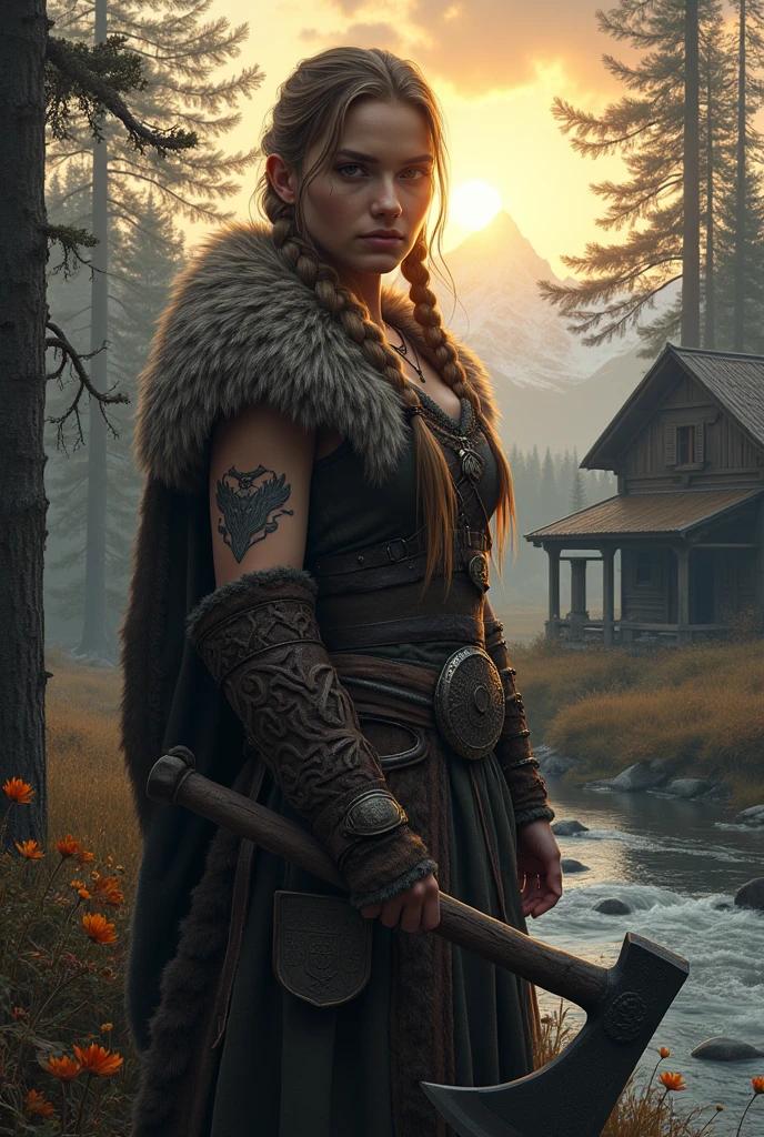 (viking girl in the forest),(20 years old),(detailed axe in hand),(ultra-detailed,high-resolution image,1.2 masterpiece),(realistic:1.37),(dark, moody)(vibrant colors),(mysterious lighting),(scandinavian landscape),(beautiful detailed eyes),(long braided hair),(fur-lined clothing),(confident and fierce expression),(strong and muscular physique),(tattoos on arm),(fallen leaves on the ground),(ancient ruins in the background),(thick fog),(majestic trees),(rustic wooden cabin),(golden sunset),(powerful stance),(heraldic shield),(battle scars),(wildflowers in her hair),(pristine snow-covered mountains),(intense focus),(stormy sky),(exquisite wood carvings),(rugged and weathered textures),(rippling water in a nearby river),(whispers of forgotten legends),(mythical creatures hidden in the shadows),(norse mythology inspiration)