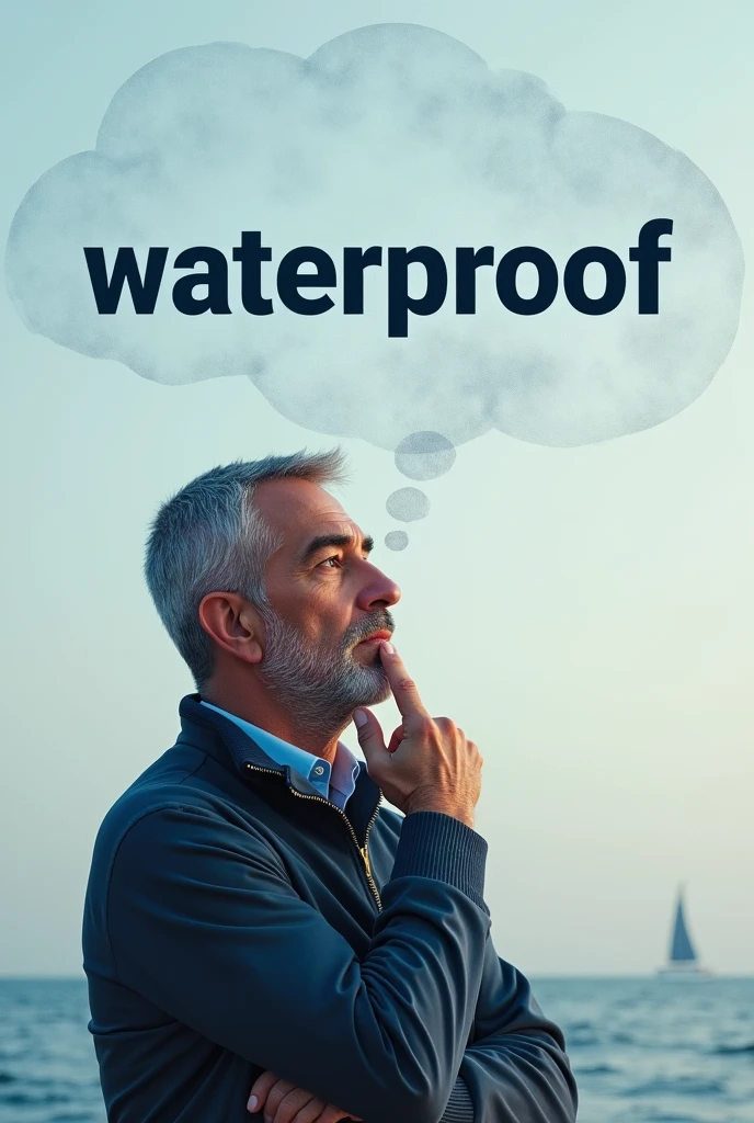 CREATE THE IMAGE OF A MAN THINKING AND THE WORD APPEARS IN A PICTURE "WATERPROOF"