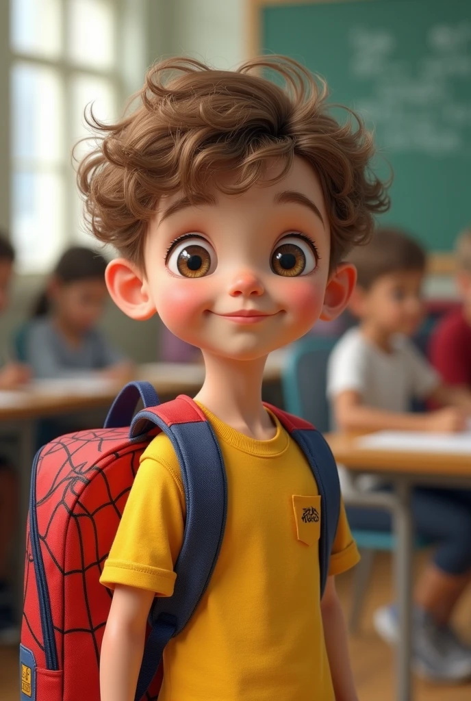 , skinny,white,light brown curly hair,with spiderman backpack,yellow shirt, light eyes,round face and big eyes,at school studying second level,