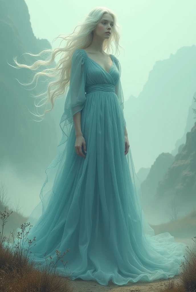 Giant girl,retro long blue dress,white hair ,looking at the viewer