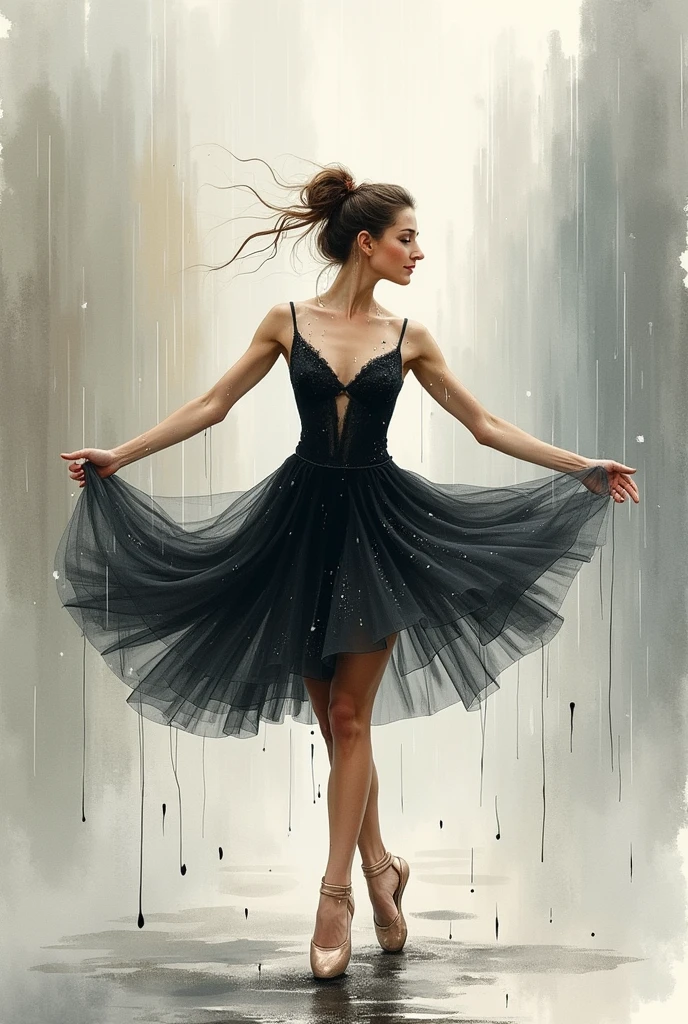 create a watercolor painting image of a dancer dancing in the rain and wearing only a black tulle skirt