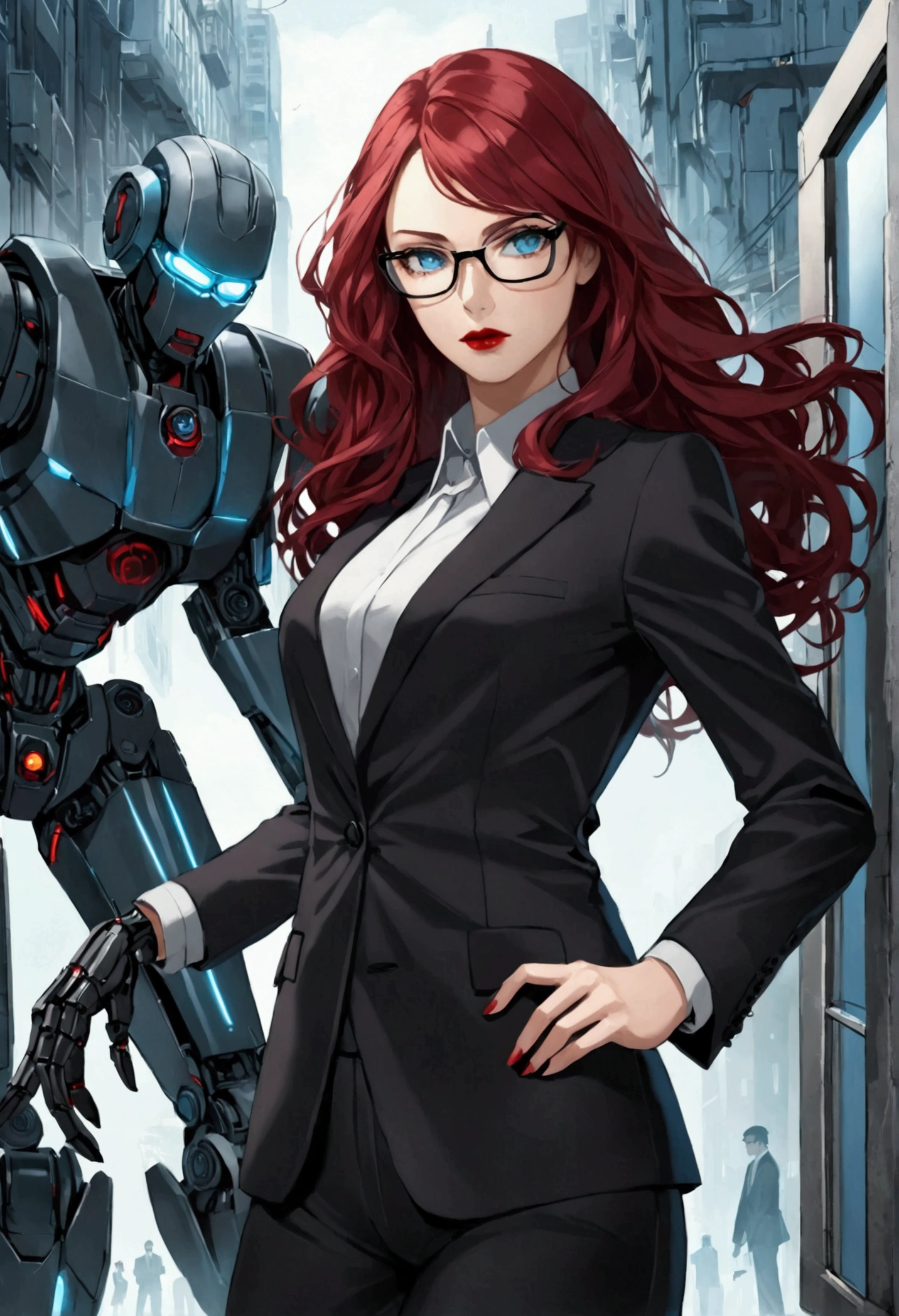 She is an attractive, beautiful and intelligent detective woman with long and dark red hair down to her hips, thin and rectangular framed glasses, ice blue eyes, dark red lipstick, a black suit, a robot arm on her right arm, a fierce look. He is currently pursuing a murder.