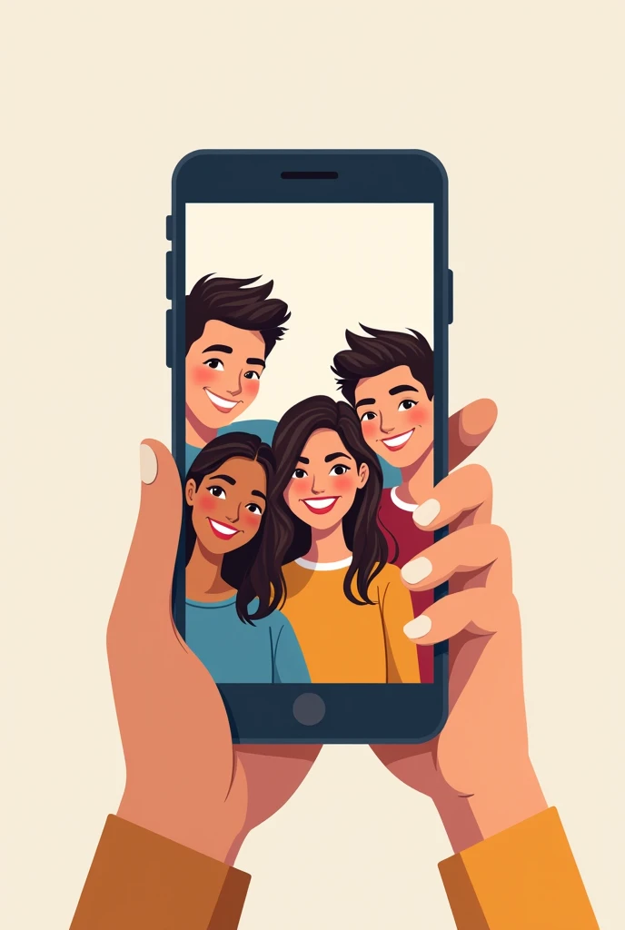 simple vector illustration, four people taking a self, cellphone camera perspective
