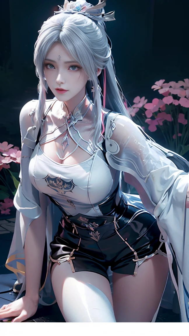a white hair、Close-up of miss wearing white mask, Beautiful character painting, guweiz, Gurwitz-style artwork, White-haired god, author:Yang Jie, Epic and beautiful character art, Stunning character art, author:Fan Qi, by Wuzhun Shifan, pixiv Art Street Guviz, Single ponytail, insult, High Ponytail, Tall and big, Long legs, (sleeveless lace shirt), (shorts), (Striped )), ((Striped )), Walk, elegant, dignified, miss, Beautiful curves, sweet smile, Strong sense of detail and layering, Rich and colorful color, Has a unique texture, rich and colorful, color, vivid, Design Art, 16K, Super detailed, {{illustration}}, {Extremely refined}, {Exquisite surface treatment}, Super detailed, Delicate and shining eyes, {{Light}}, Ultimate light effect, Model: realism, CFG size: 12, Laura: Bright texture (1.35), high quality, masterpiece, Exquisite facial features, Delicate hair depiction, Detailed depiction of the eyes, masterpiece, best quality, Light line tracing, Extremely detailed CG unified 8k wallpaper, masterpiece, best quality, (1 girl), Perfect Miss Body, (((Skinny white T-shirt))), beautiful eyes, (Delicate face), short black hair, Tie your hair up, Light blue hairpin, Black silk frame glasses, in class, (White skin), (Optimal Lighting), (Super intricate details), 4k unity, (Super detailed CG), Showing off her white legs, , Hot Pants, shorts,Sexy Long Legs, Thin waist, Sweat runs down my waist, Showing belly, Extremely detailed depiction, Pink Hair, Asymmetrical bangs, Transparent clothes, Hands on thighs, Move your eyes away, 8k resolution, Raise an eyebrow, shiny hair, Flower head, Wristbands, bandage,Leather sexy pose, simple grey background, Climbing towards the viewer, Kitten pose, On all fours,