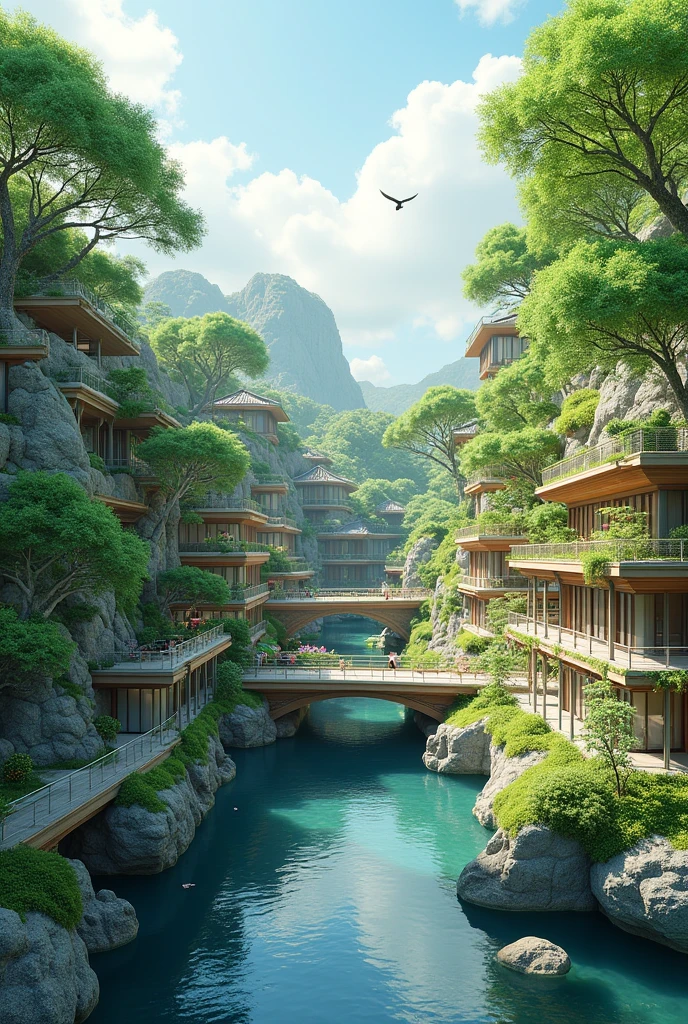 Nature and Construction Interaction:
Message: Harmony and balance between human work and the natural environment.