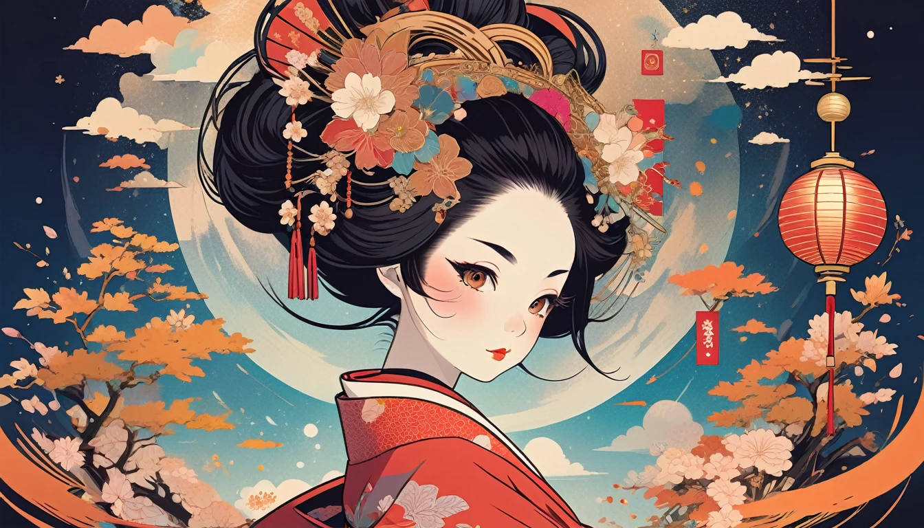 Oiran、Wide-angle lens, Lofi Anime, Lofi illustration, Aesthetic atmosphere, Lo-Fi Style, Vector art, Flat Design, Simple shape, Warm tones, Pleasant atmosphere, Chill, In anime style, Digital drawing, Vector art, Vector logo for t-shirt printing, (Adorable:1.5), (small:1.4), (Playful:1.2), (soft:1.3), (Whimsical:1.1), masterpiece, Highest quality, 8k, Intricate details, grow, Celestial, Mysterious, Picturesque, amazing, Majestic, Magic, Fantasy art, Cover art, dream-like