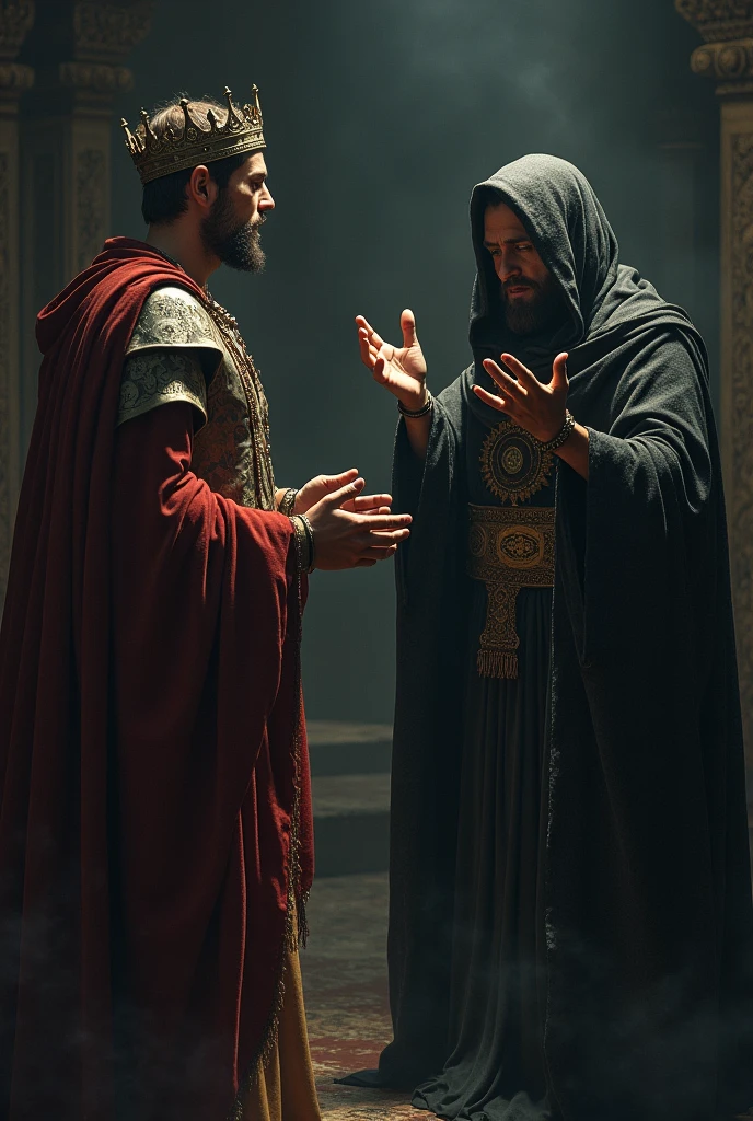 The composition has a dramatic tone, com amulus, the cruel king, standing before a mysterious figure, shrouded in shadows and priestly robes. The Oracle, with a somber expression and hands raised in a prophetic gesture, reveals the dire prediction: os filhos da sobrinha de amulus o trariam à ruína.
amulus, with an expression of shock and fear, is dressed in royal attire, perhaps with a crown or symbols of power. Behind him, In the background of the scene, a dark architecture, possibly the throne or the temple, reinforces the gravity of the revelation. A iluminação incide sobre o rosto do oráculo e de amulus, highlighting the tension of the moment.